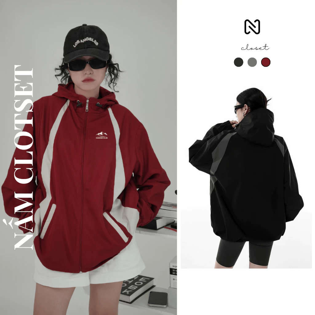 Áo khoác dù 2 lớp nam nữ unisex cao cấp có mũ chống nắng chống nước form rộng có túi trong NAKA62