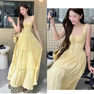 [V.06]: Váy Maxi 2 Dây Form Xòe Hàng 2 Lớp Chun Nhúm Ngực, Chất Xốp Kẻ Mềm Nhẹ Viền Bèo Váy Đi Biển, Du Lịch