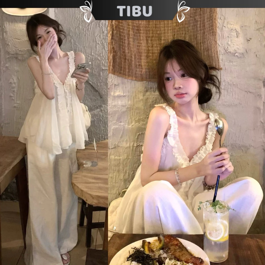 Set Áo Babydoll Cổ V Viền Bèo Phối Quần Suông Ống Rộng TIBU Set Đồ Nữ Đơn Giản Dễ Thương Đi Chơi Dạo Phố B543