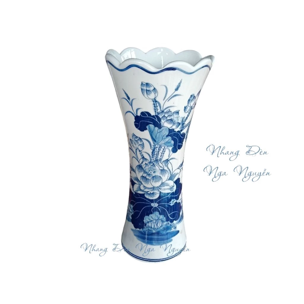Bình hoa dáng loe cao cấp gốm sứ bát tràng/Lọ hoa decor hoạ tiết sen xanh