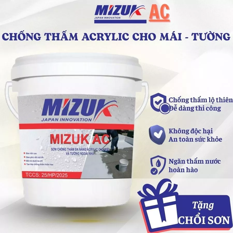 Sơn Chống Thấm Tường Ngoài Nhà, Sàn Mái, Bể Bơi Dãn Dài >300% - Mizuk AC - Polymer Acrylic