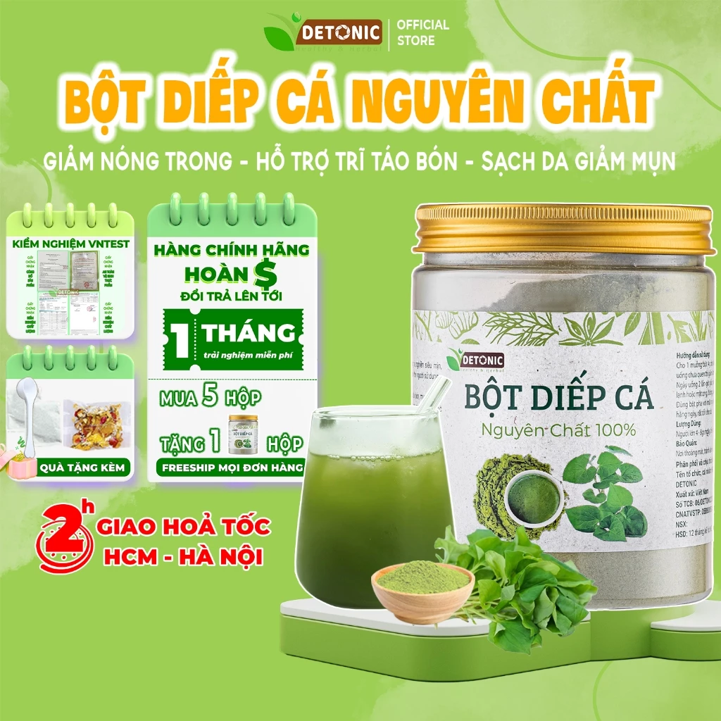 Bột diếp cá nguyên chất DETONIC hỗ trợ nóng trong, giảm mụn nhọt táo bón trĩ, giúp thanh lọc cơ thể tốt cho hệ tiêu hoá.