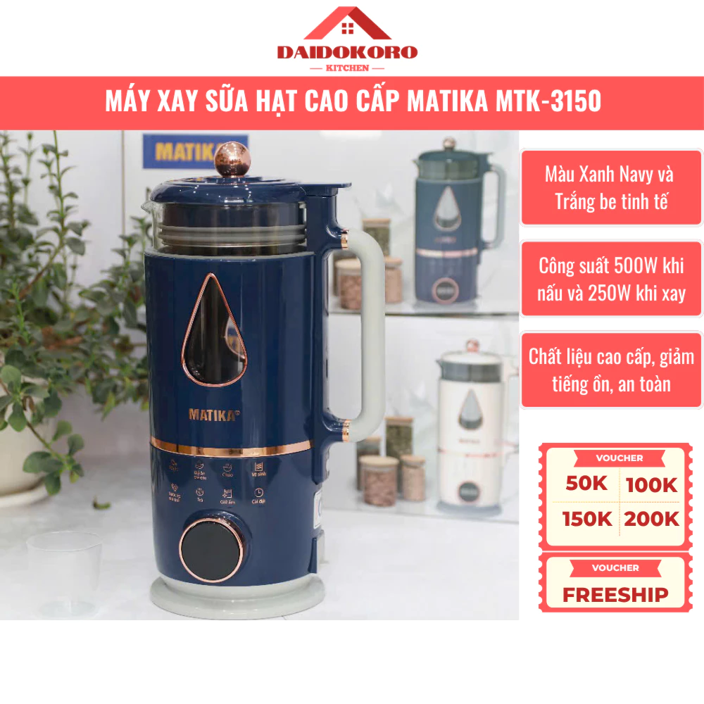 Máy Làm Sữa Hạt Cao Cấp MATIKA Công suất 500W dung tích 800ml Thiết kế Xanh Navy Cao Cấp Tinh tế