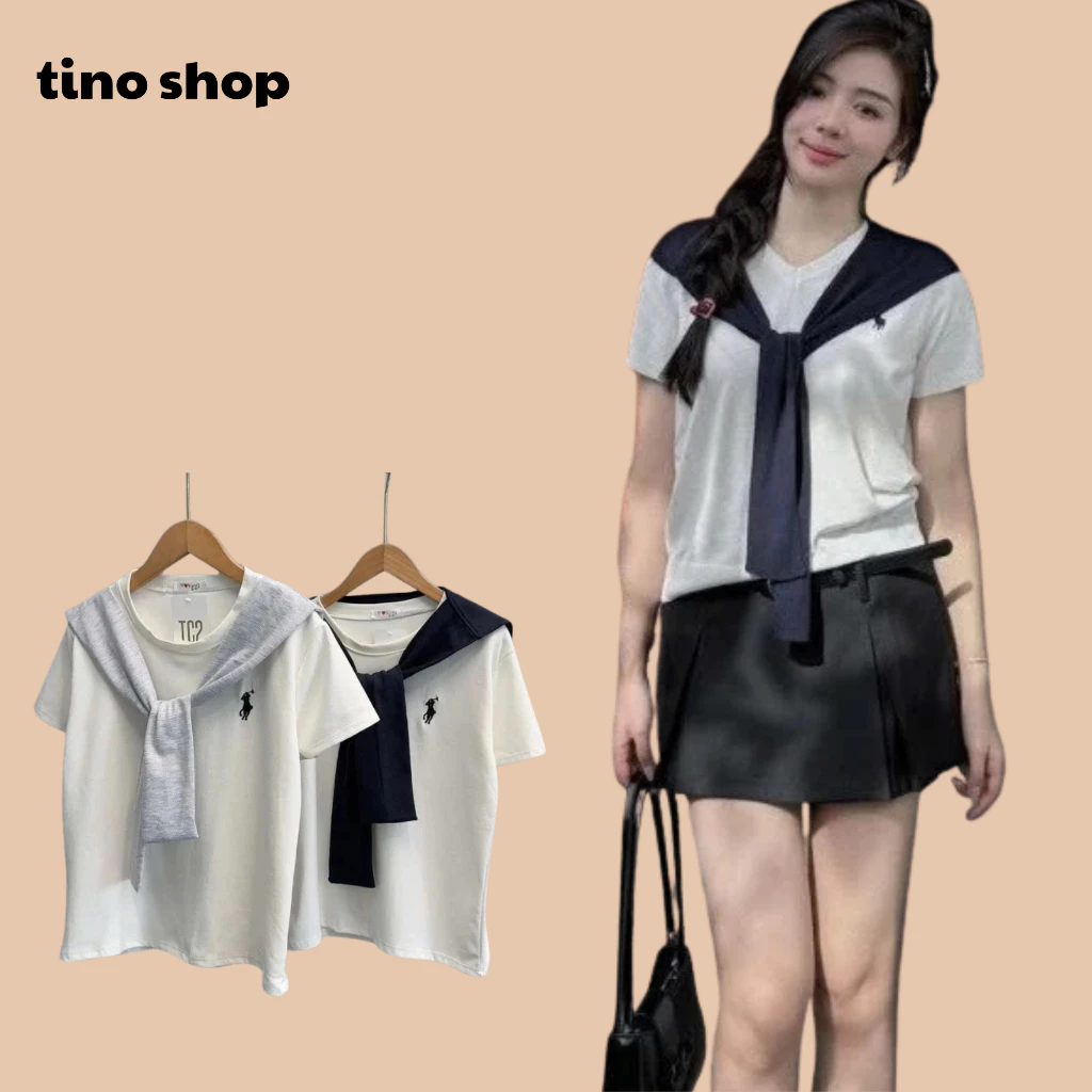 Áo phông thủy thủ tay lỡ, áo thun thêu logo ngựa phối khăn choàng chất liệu cotton co giãn tiểu thư