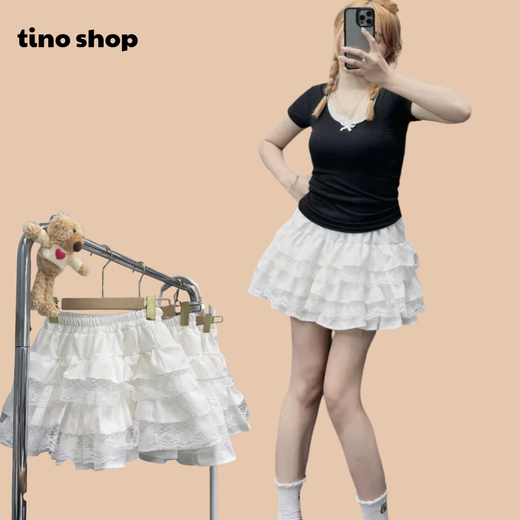 Chân váy ren xếp tầng dáng xòe lưng chun cạp cao, quần váy chữ A dáng ngắn sexy phong cách tiểu thư