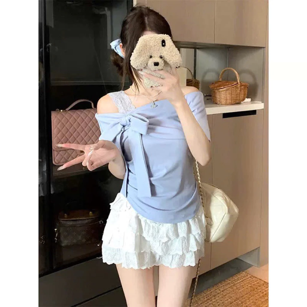 Áo trễ vai phối ren buộc nơ dễ thương