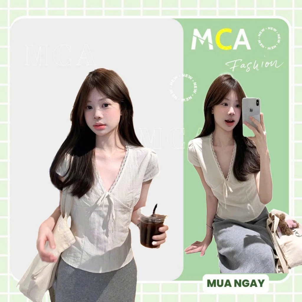 [ Video sp thực tế - Giá mở bán ] Áo kiểu nữ cổ V viền ren tay ngắn MCA phối dây buộc nơ A51415