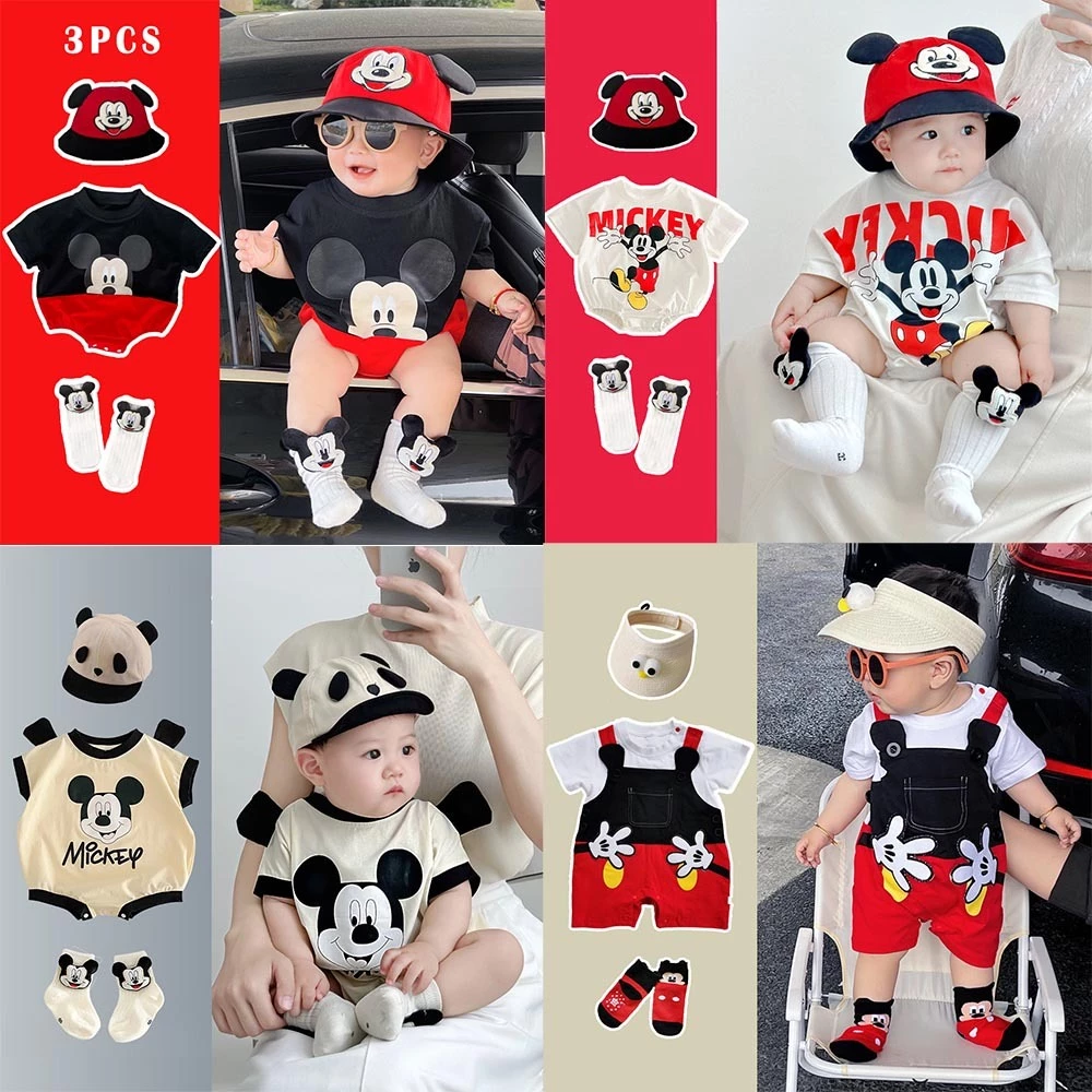 Mickey thời trang cotton ngắn tay mùa hè bé trai sơ sinh Disney bộ đồ 3 mảnh 0-24 tháng