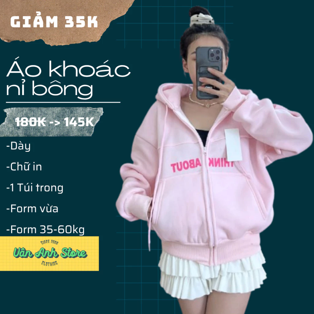 Áo Khoác Nỉ Form Vừa In Think About Của Nữ, vải nỉ dệt có lót bông form lỡ dài áo 55cm có túi trong Hoodie Zip Women
