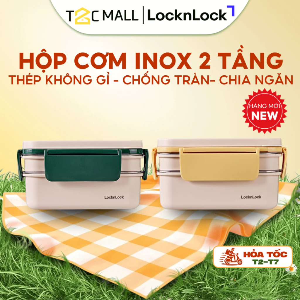 Hộp Cơm Inox LocknLock 2 Tầng Có Chia Ngăn Thép Không Gỉ Dung Tích 1.6L Chính Hãng LCB500 - T2CMall