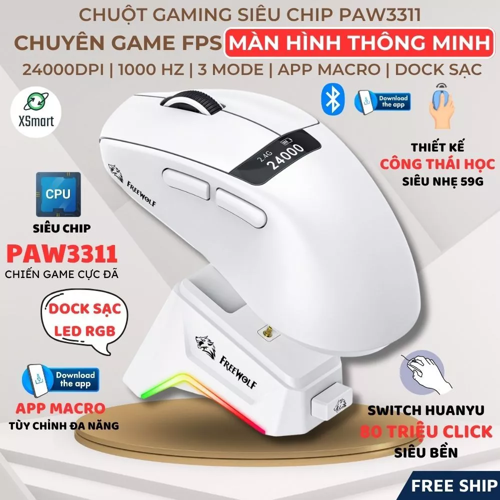 Chuột Gaming Không Dây Free Wolf A7 Cảm Biến PAW3311, 24.000 DPI, Dock Sạc RGB, Màn Hình Đa Năng