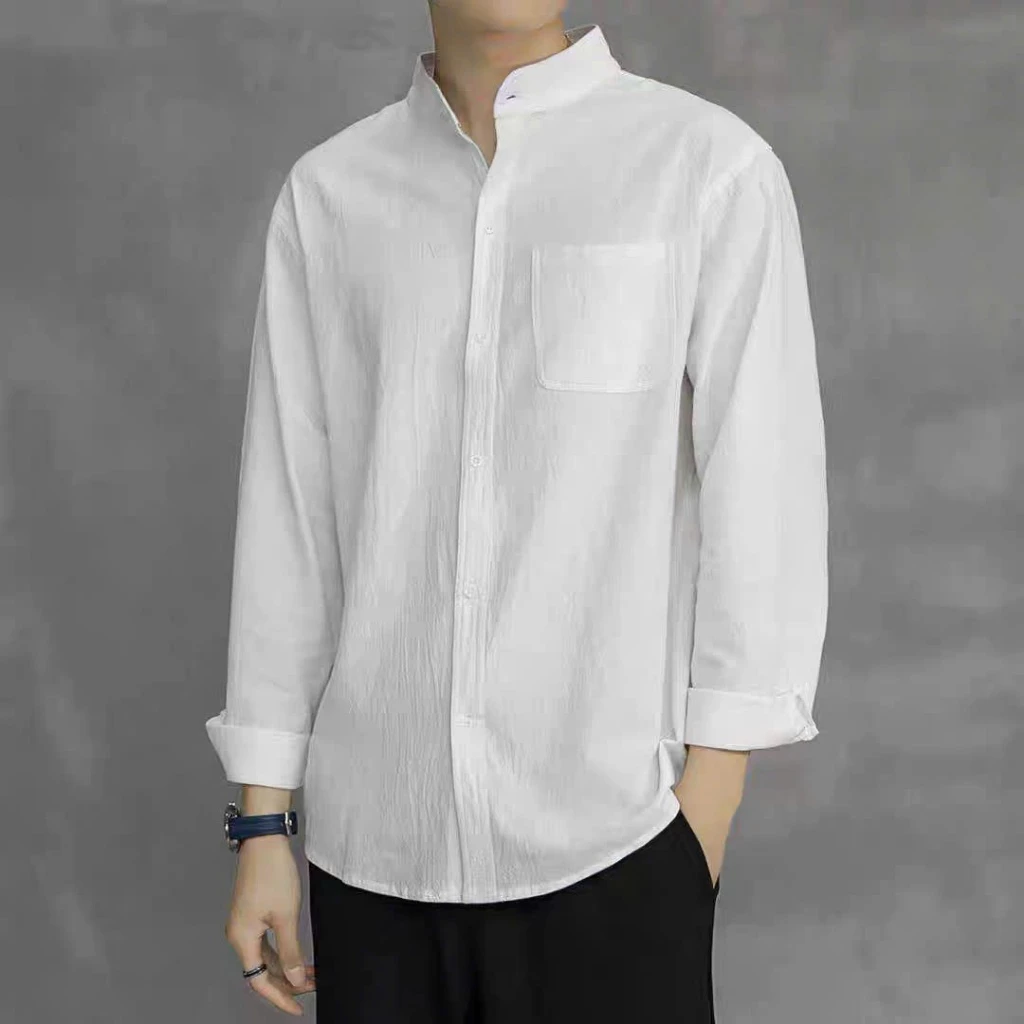 Áo sơ mi cổ tàu nam dài tay form rộng vải đũi 2 túi ngực thời trang ROMAN AD02