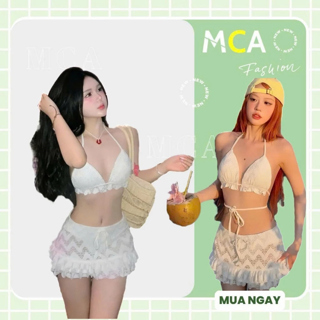 [ Video sp thực tế ] Set bikini Bra ren phối chân váy ôm ngắn MCA phong cách mùa hè đi biển S094