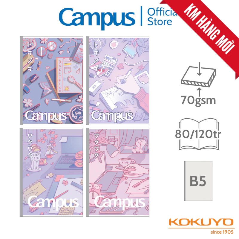 Vở Kẻ Ngang Khổ B5 80/120 Trang Study With Me 2 ĐL70gms dòng kẻ không chấm Chính Hãng Campus