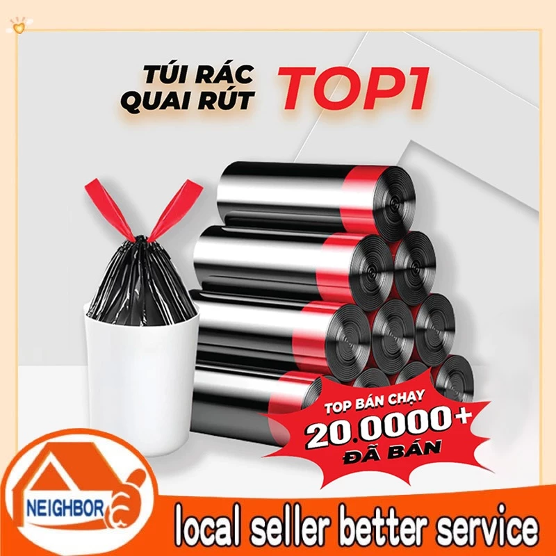 Túi đựng rác có quai rút tiện lợi  kích thước 45x50 cm túi đựng rác tự phân hủy siêu dai 15 túi/cuộn ( Màu đen)