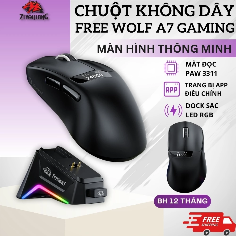 Chuột Không Dây Gaming Free Wolf A7 - Mắt Đọc PAW3311, 3 Mode, 24.000 DPI, Dock RGB, App Tùy Chỉnh