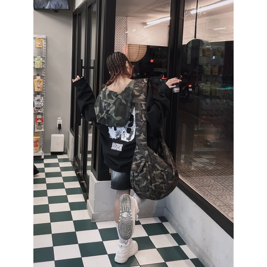 𝓝𝓪_𝓕𝓪𝓼𝓱𝓲𝓸𝓷𝓷  Áo hoodie  Nữ form rộng in số 90 phối nón camo rằn ri Haven Studio chất nỉ cua dày dặn màu đen và xám
