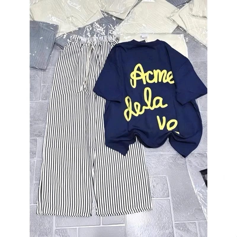 Set bộ  quần  DÀI kẻ  sọc đen trắng ống rộng  + Mix kèm áo phông tay lỡ  IN CHỮ ACME