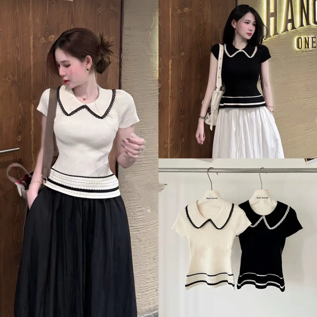(Hàng QC sẵn) Áo len mỏng ngắn tay thiết kế cổ sen viền bèo phù hợp cho mùa thu đi học đi làm đi chơi 602