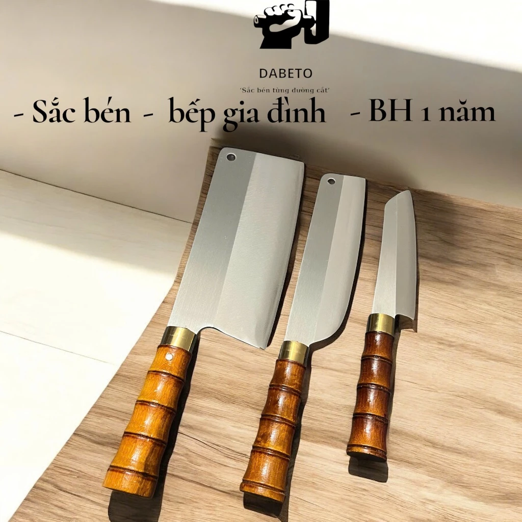 Combo 3 Dao Bếp Gia Đình DABETO – Tay Cầm Giả Trúc – Sắc Bén, Tiện Dụng, Bảo Hành 1 Năm