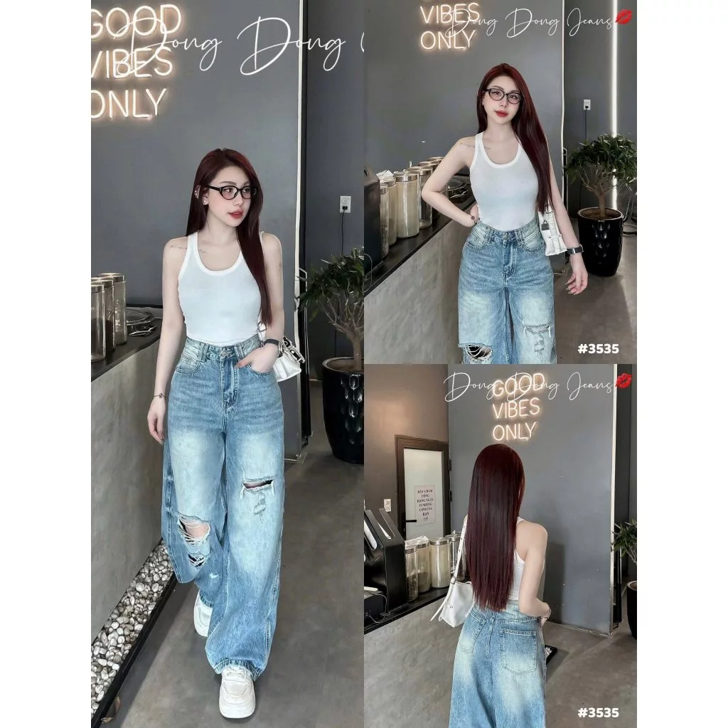 Quần Bò Jeans Nữ Ống Rộng, Quần Bò Denim Suông Ống Rộng Trơn Màu Xanh Rách 2 Bên Cạp Cao Siêu Hách Dáng Cực Đỉnh