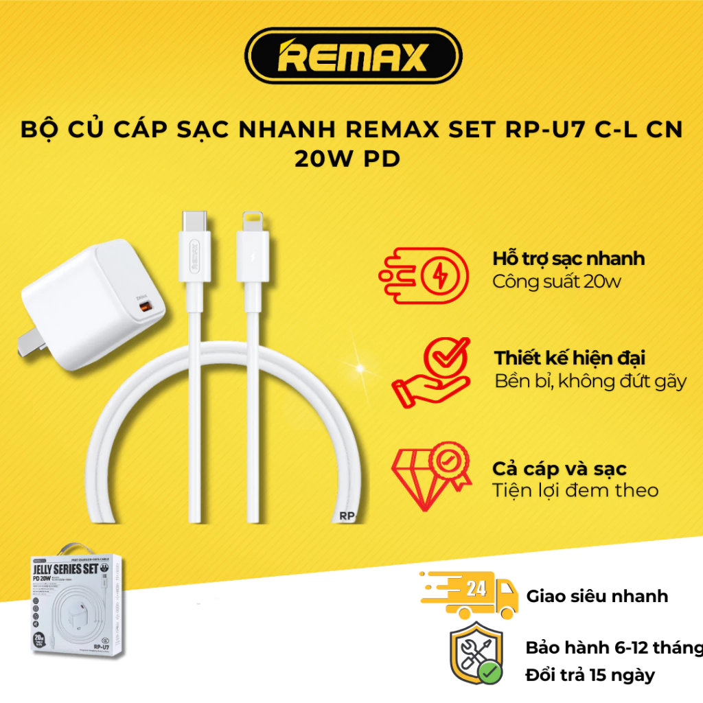 Combo sạc nhanh 20w dành cho Ip.h Remax RP-U7 sử dụng công nghệ Gan sạc nhanh 20w