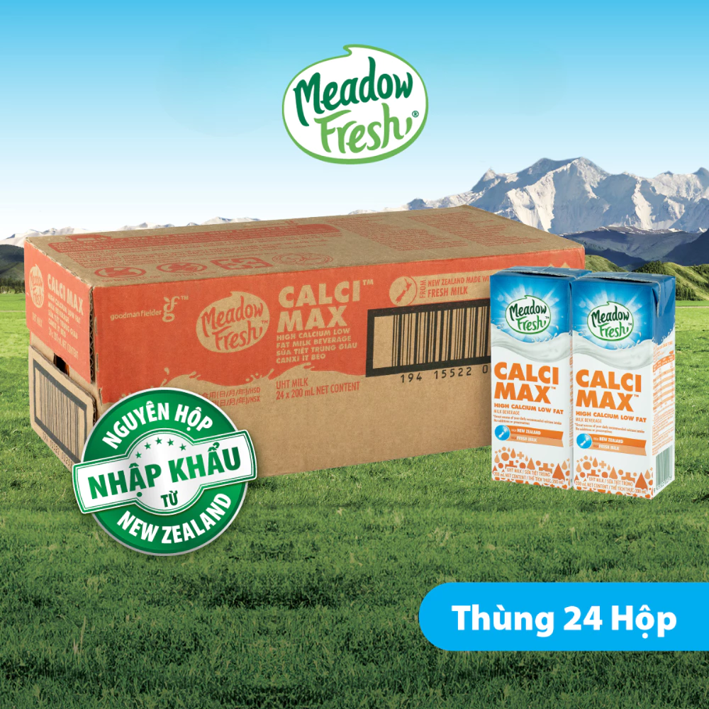 Thùng 24 Hộp Sữa Tươi Tiệt Trùng Giàu Canxi Ít Béo Meadow Fresh (200ML/Hộp)