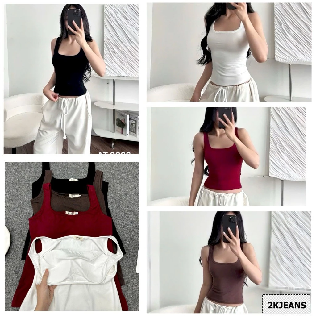 Áo thun nữ 2 dây bản to cổ U có mút ngực form dáng ôm, Áo thun chất borip lụa co giãn 4 chiều Bigsize 2KJeans AT9026