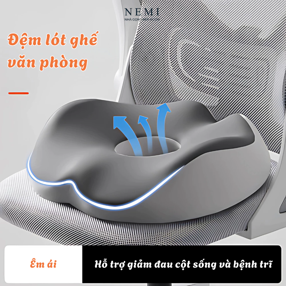 Đệm lót ghế NEMI, nệm lót ghế cao su non đàn hồi tốt 3D thoáng khí giảm ê mỏi mông dùng trong văn phòng học tập