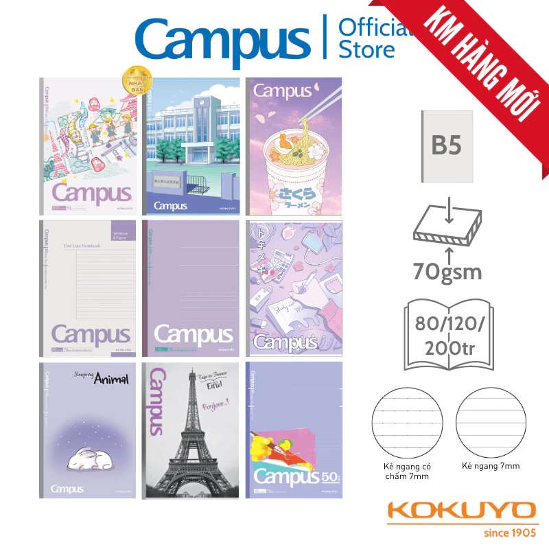 (5q) BST Vở Kẻ Ngang Miền Bắc 𝐦𝐚̀𝐮 𝐭𝐢́𝐦 Campus Khổ B5 Gáy Keo 80/120/200tr vở ghi chép màu tím