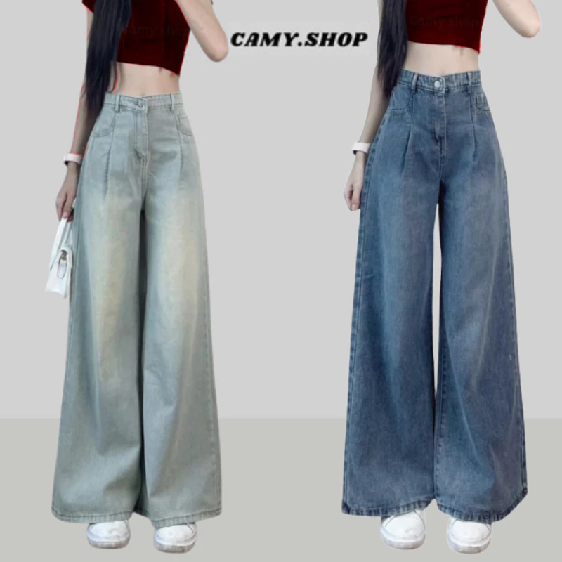 Quần Jean Nữ ống rộng gấp li cạp cao Màu WASH Đậm MIAA Phong Cách Hàn Quốc dáng dài chất bò RIN mềm denim BIGSIZE