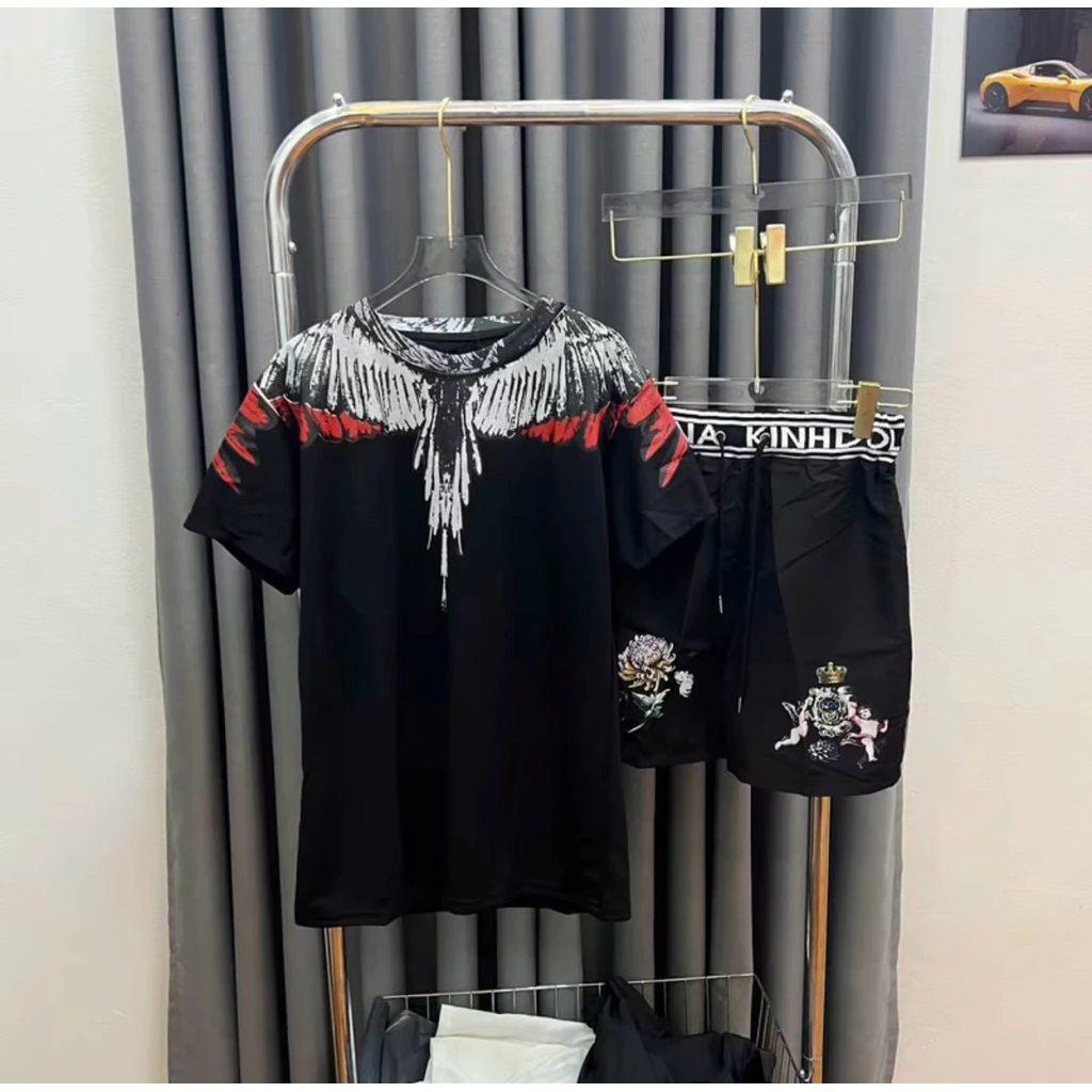 Bộ cộc nam mùa hè áo cánh chim đỏ kèm quần short gió hoa hồng chất thun lạnh from unisex dành cho nam nữ
