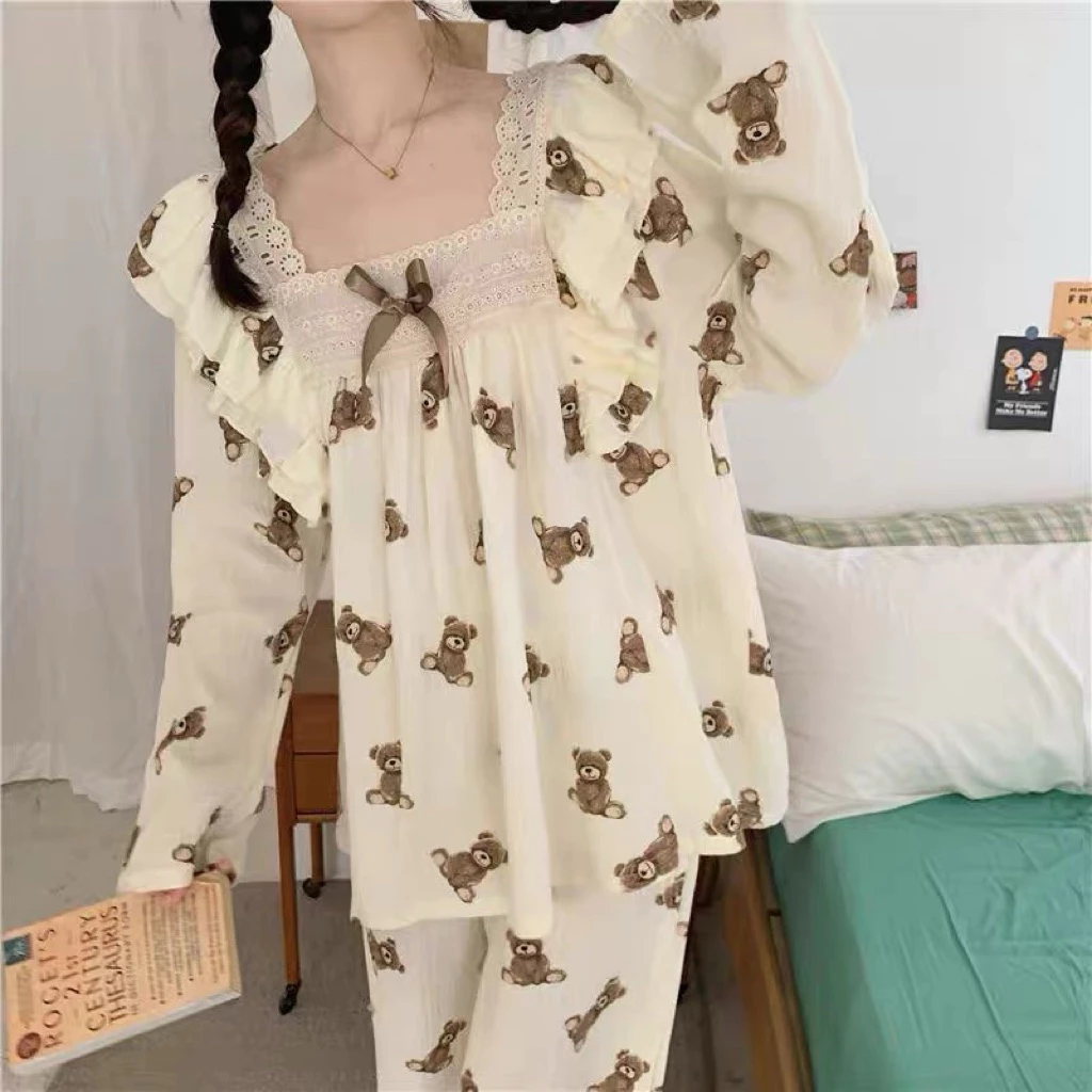 [SẴN] 654_Bộ ngủ nữ, pijama dài tay chất muslin hoạ tiết gấu nâu dễ thương| 9scat | Hàng QCCC