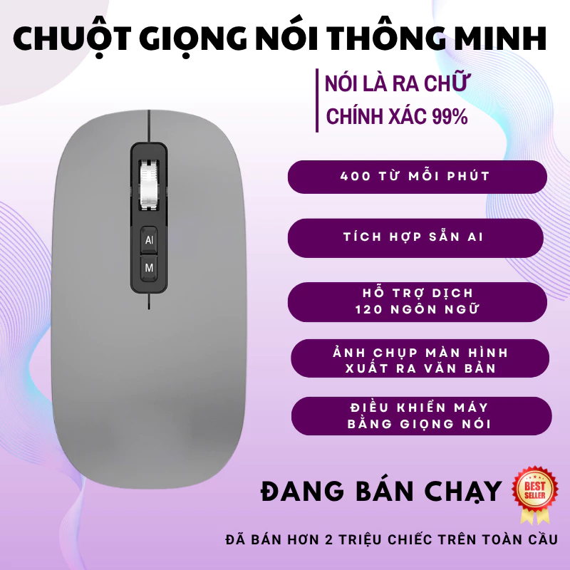 Chuột Dịch AI Thông Minh  – Dịch Giọng Nói & Văn Bản 120 Ngôn Ngữ – Bluetooth & 2.4G – Pin Type-C