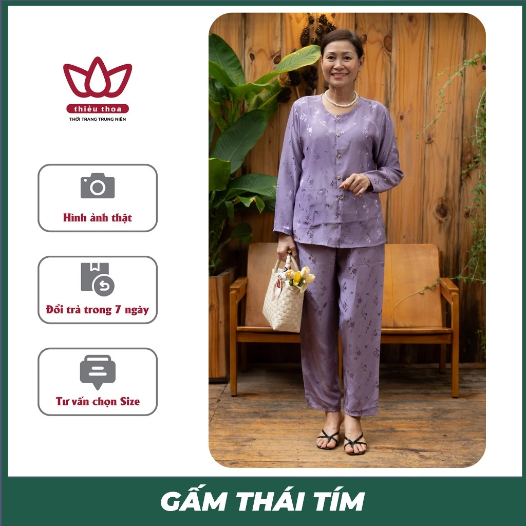 Bộ Đồ Gấm Thái Lụa Trung Niên Tay Dài Cho Mẹ Cao Cấp Vải Mềm Mịn Thoáng Mát - Thiều Thoa Store