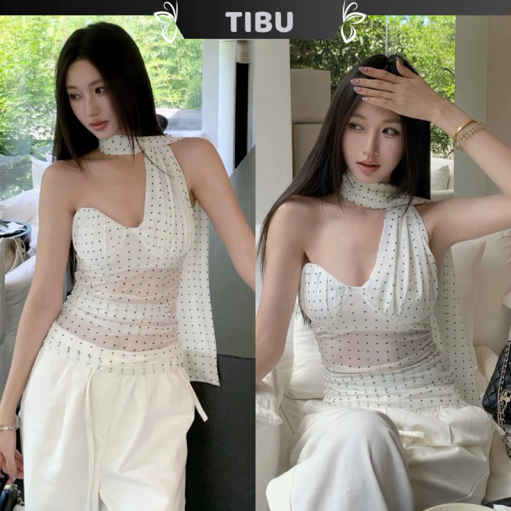 Áo Cúp Ngực Phối Choàng Cổ Chấm Bi TIBU Áo Kiểu Nữ Tôn Dáng Thanh Lịch Sang Chảnh Đi Chơi Dạo Phố Tiệc B547