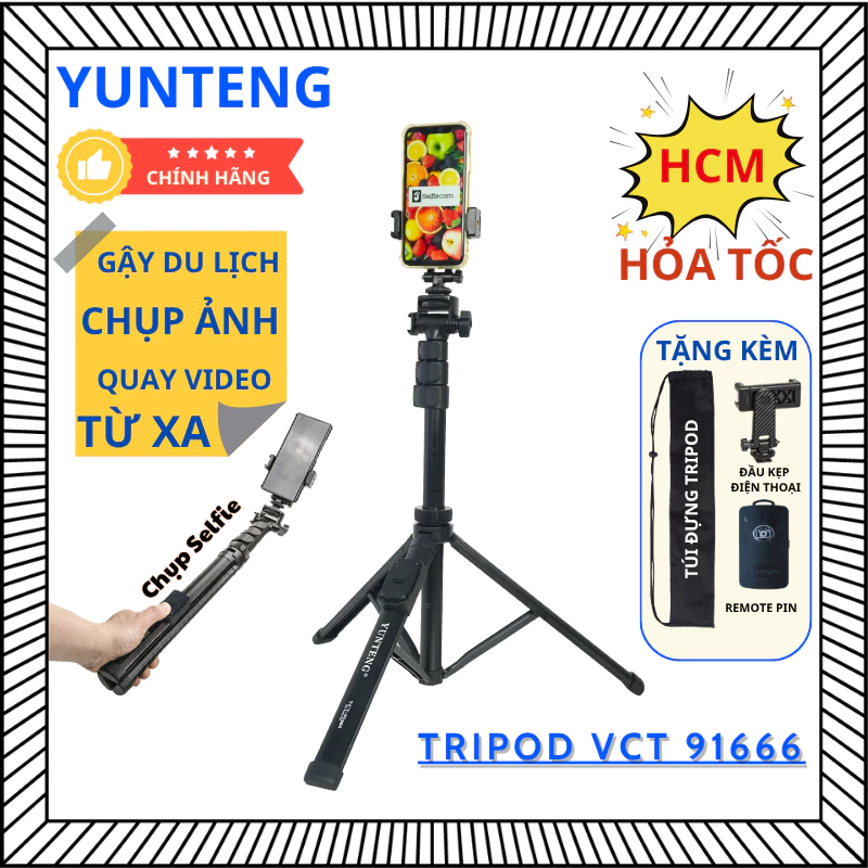 Gậy chụp ảnh điện thoại Yunteng VCT-91666 – Tripod 3 chân cao 1m6, gấp gọn 43cm, kèm remote Bluetooth chụp từ xa