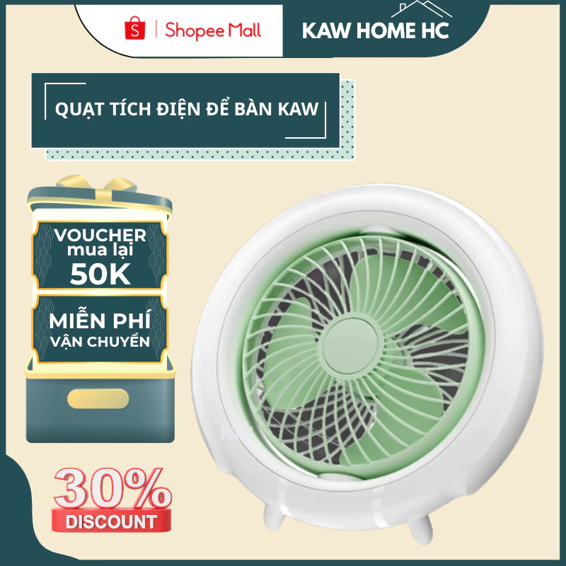 Quạt Tích Điện Để Bàn KAW Cao Cấp 3 Chế Độ Gió Xoay 180 Độ Pin 1200mAh Đèn LED