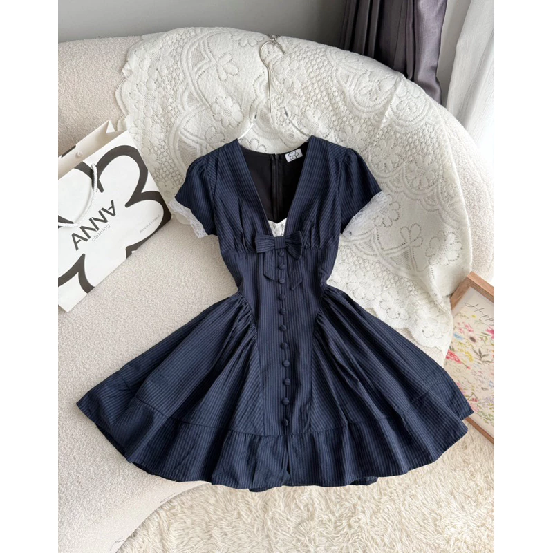 Đầm Kiểu Nữ Sọc Xanh Đen Dáng Xoè Anna - Alisa Dress