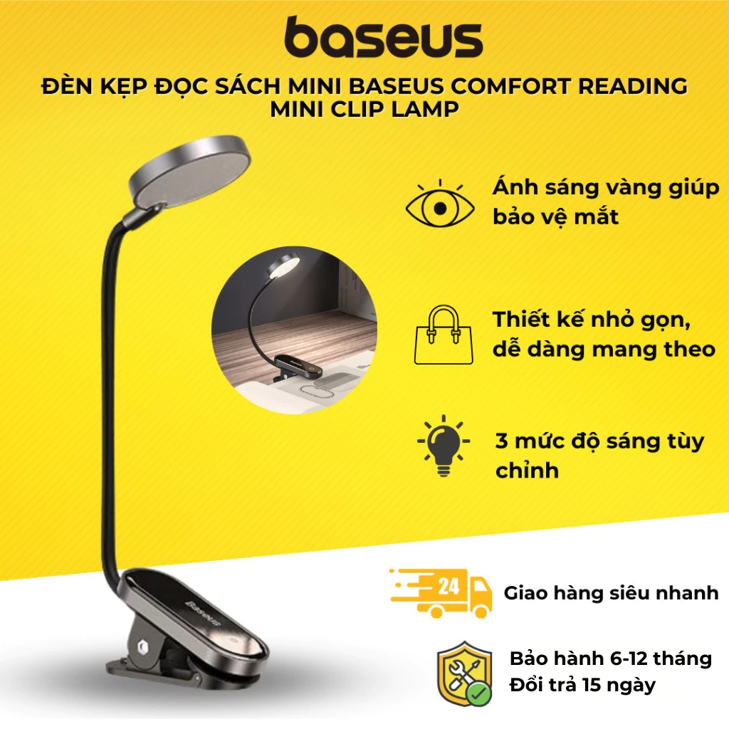 Đèn đọc sách chuyên dụng tích hợp pin sạc Baseus Led Clip usb, đèn đọc sách đầu giường tiện dụng đọc sách ban đêm
