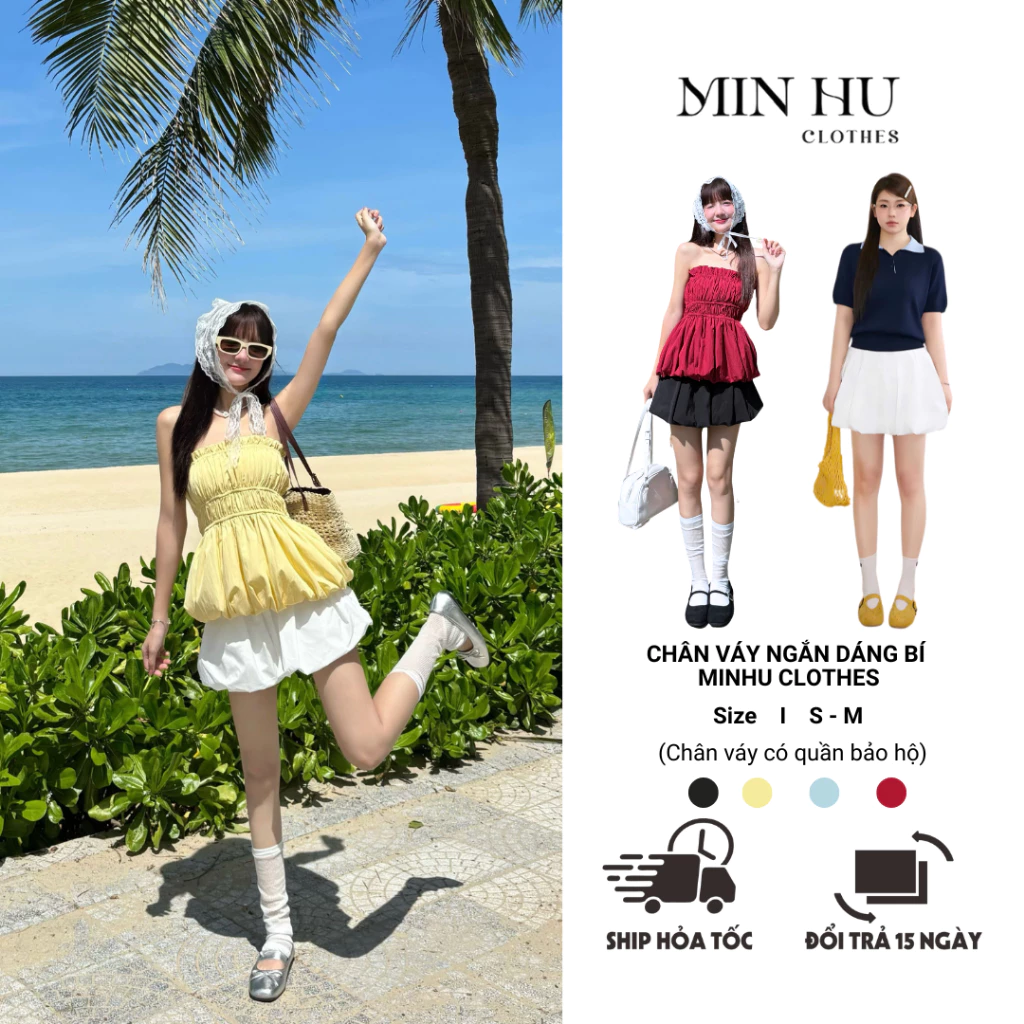 Chân Váy Bí Phồng MINHU CLOTHES Chân Váy Ngắn Lưng Chun Kèm Quần Bảo Hộ, Có Freesize và Bigsize