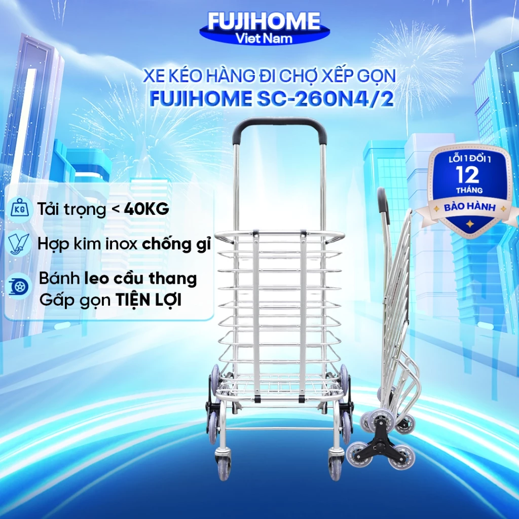 Xe kéo đi chợ gấp gọn 8 bánh leo cầu thang Fujihome SC260NEW, xe đẩy siêu thị 6 bánh xe quay 360 độ siêu gấp gọn đa năng