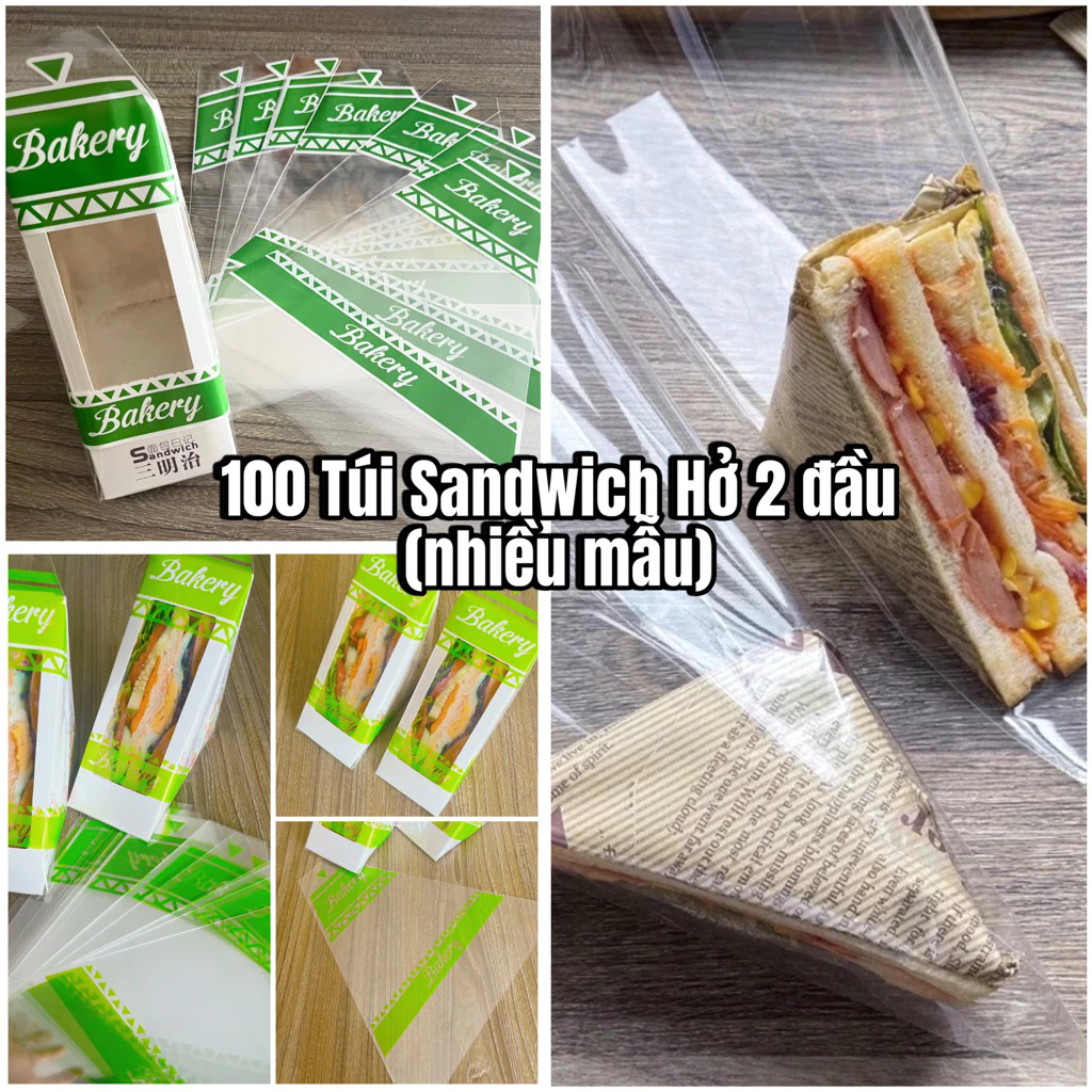 100 túi tam giác đựng bánh sandwich hở 2 đầu trong suốt/ in xanh trắng