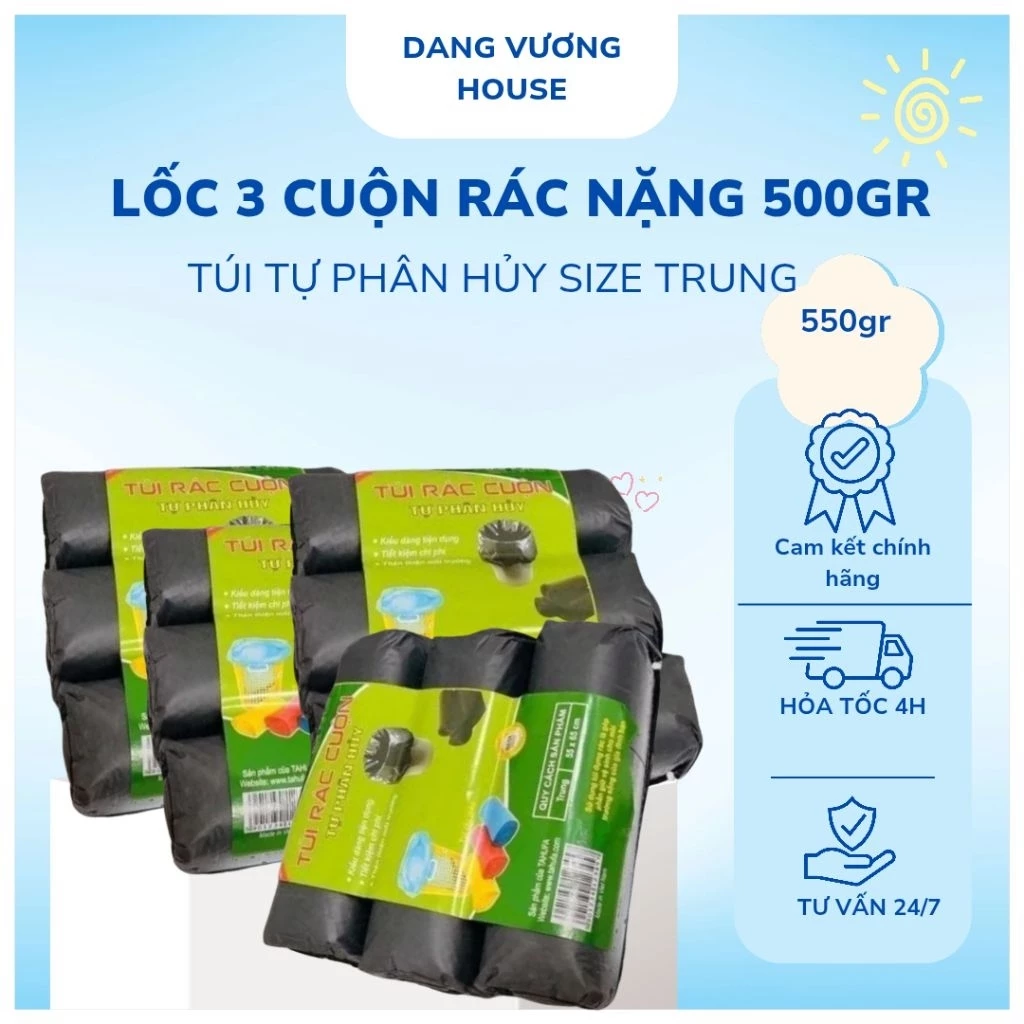 Combo Lốc 3 Cuộn Túi Đựng Rác Tự Hủy Sinh Học Tiện Dụng, Tiết Kiệm