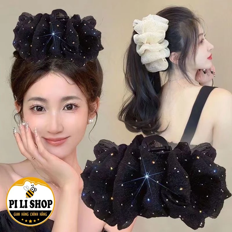 Bộ 3 Kẹp Tóc Bản To 13cm Voan Tầng Nhiều Lớp Đính Kim Sa Lấp Lánh, Kẹp Nơ Cài Tóc Mềm Mại Dễ Phối Đồ