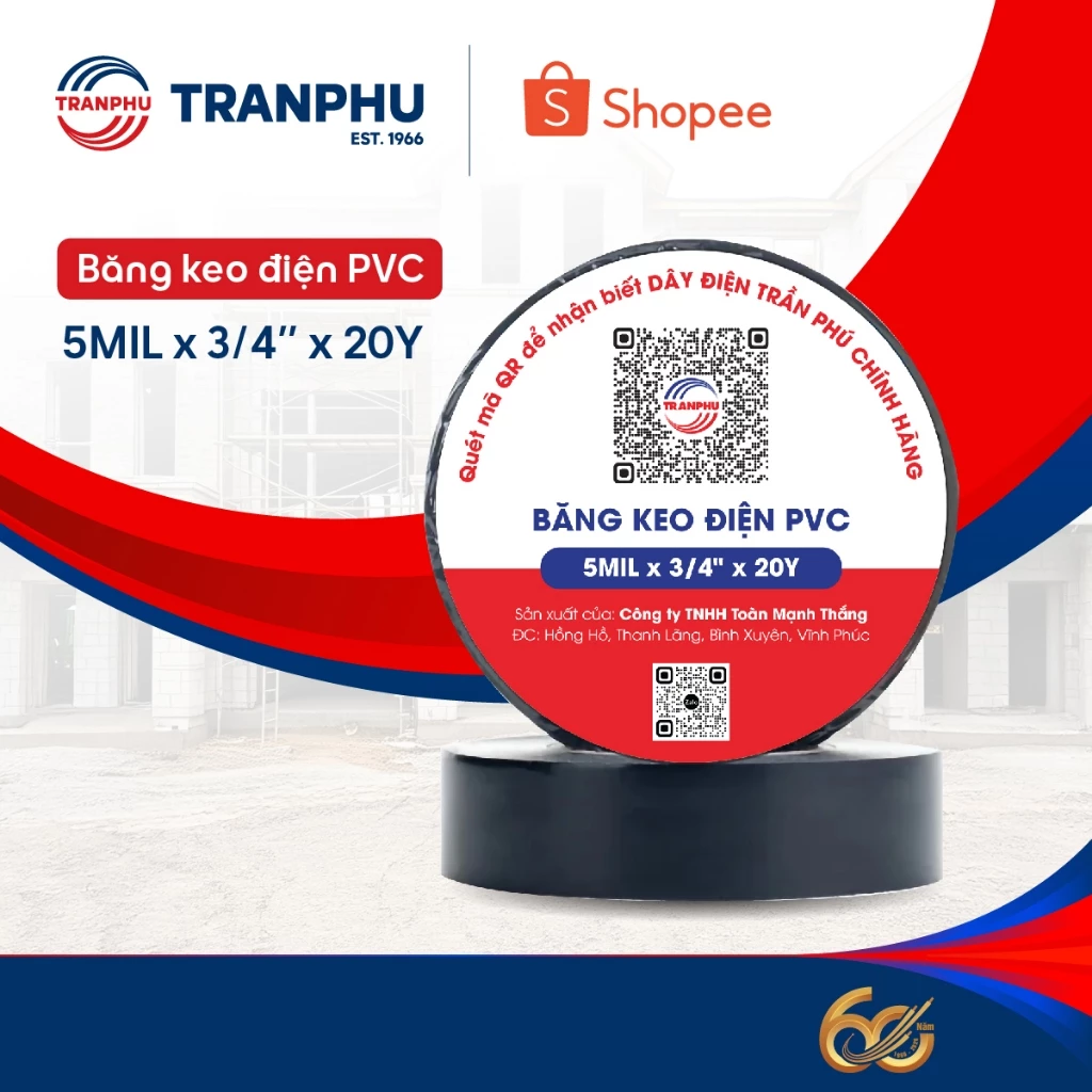 Băng Dính Cách Điện Cơ Điện Trần Phú - TRAFUCO 5MIL X 3/4" 20Y Băng Keo Điện PVC