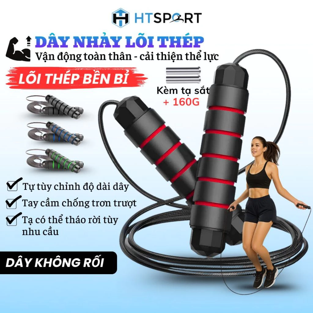 Dây Nhảy Thể Dục Lõi Thép Tập Thể Lực Boxing Nhảy Dây  Có Tạ Sắt Dài 2,7m Nhiều Màu Chống Trượt