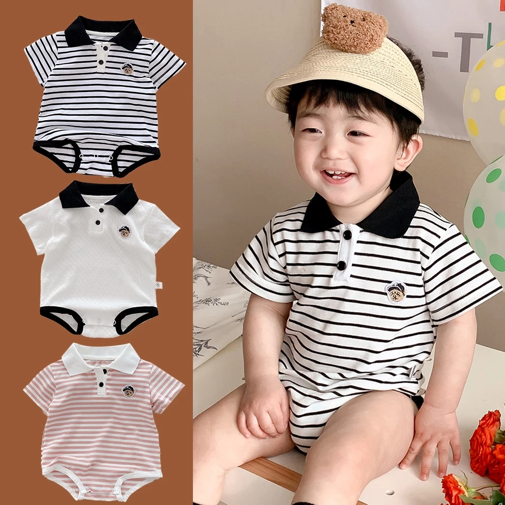 Quần Áo Liền Quần Cho Bé Mùa Hè Mỏng Tay Ngắn Jumpsuit Bé Trai Bé Gái Sọc Ve Áo Body 0-2 Tuổi Quần Áo Sơ Sinh