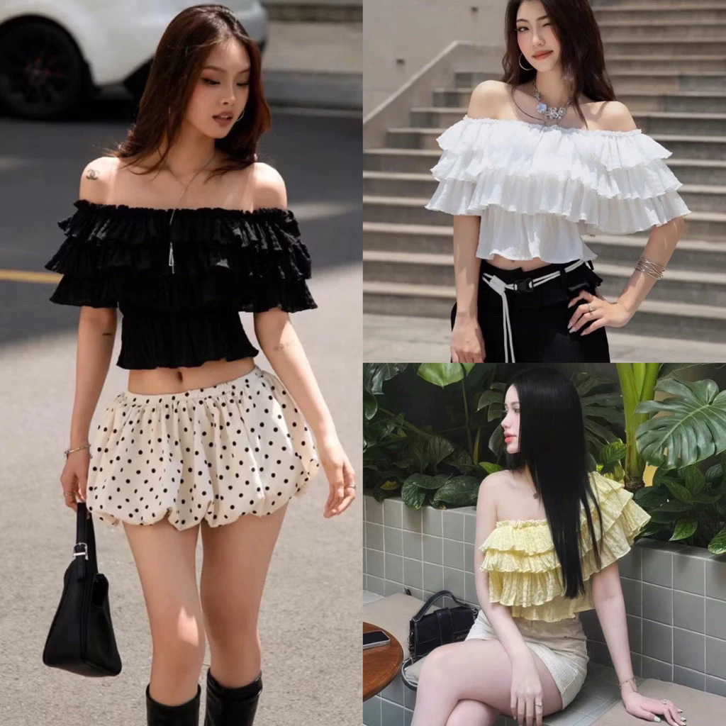 (Hàng L1 Sẵn) MADMIND Áo nữ trễ vai nhún 3 tầng PUDDING TOP - Áo lệch vai mặc 4 kiểu phù hợp cho mùa hè