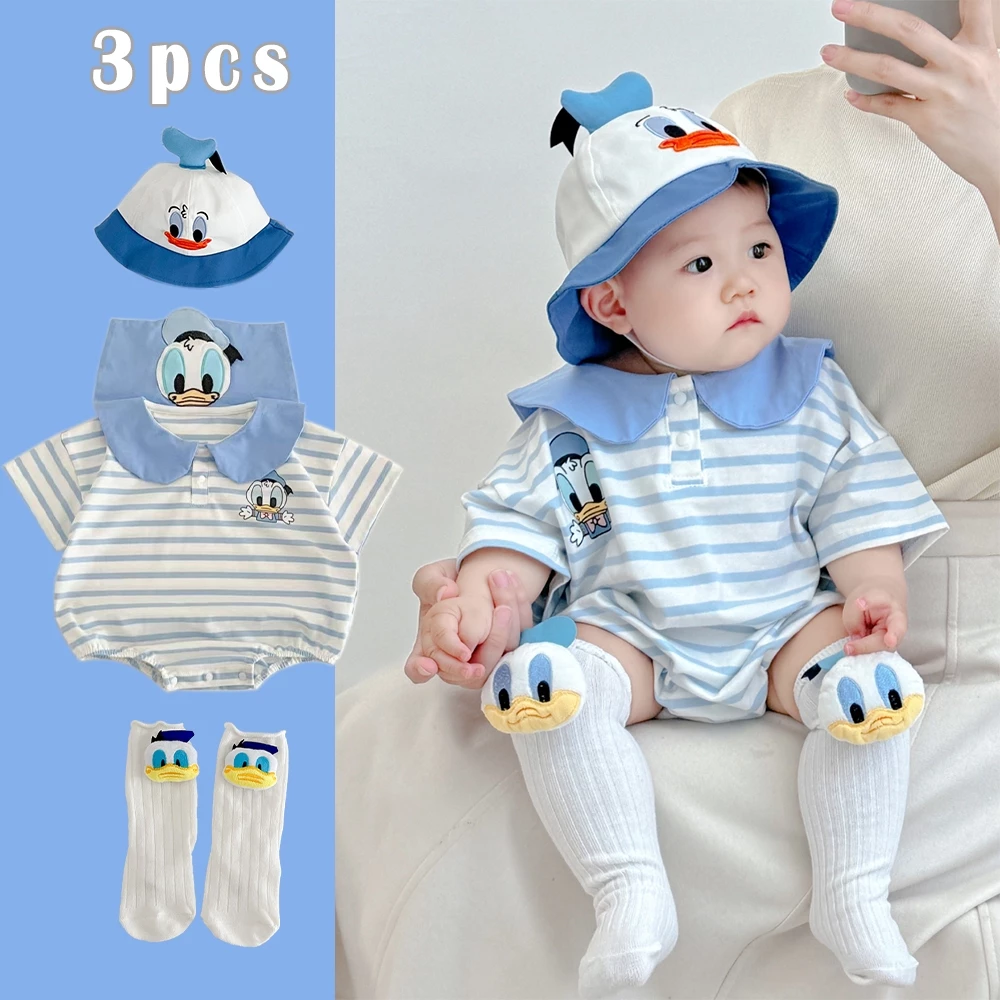 Bộ 3 chiếc Bộ áo liền quần hoạt hình Vịt Donald cho bé trai và bé gái, quần áo sơ sinh sọc ngắn tay nhuộm màu hải quân